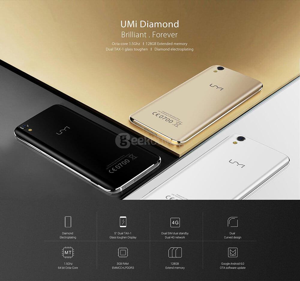 [HK Stock]UMI Diamond 5.0inch 2.5D HD Screen Android 6.0 4G LTE Smartphone MT6753A Octa Core 1.5GHz 3GB RAM 16GB ROM 13.0MP OTG LED Notification - Gold