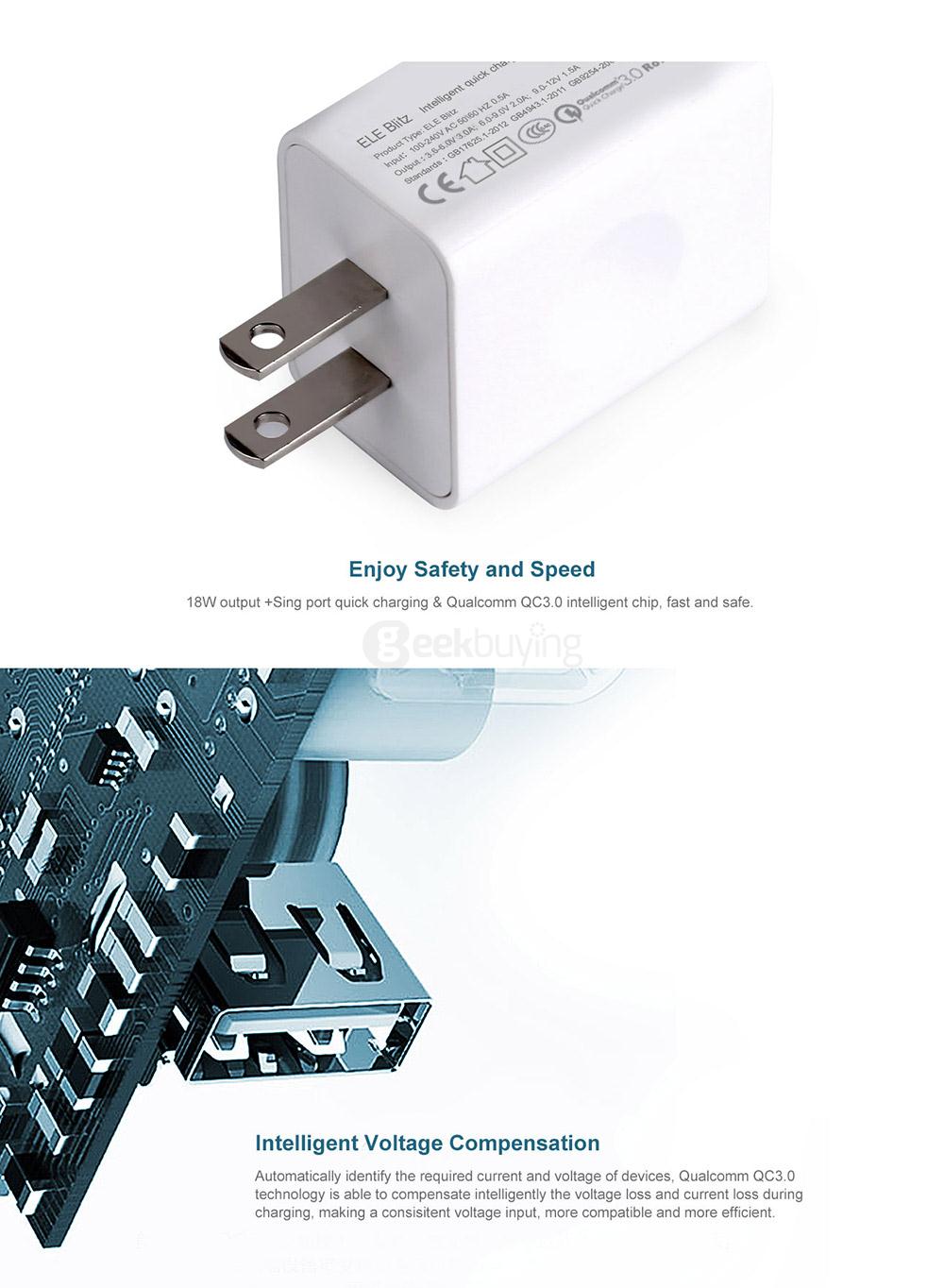 Original Elephone Blitz US Plug Power Adapter Qualcomm Certification 3.0 Quick Charge Wall Charger - White