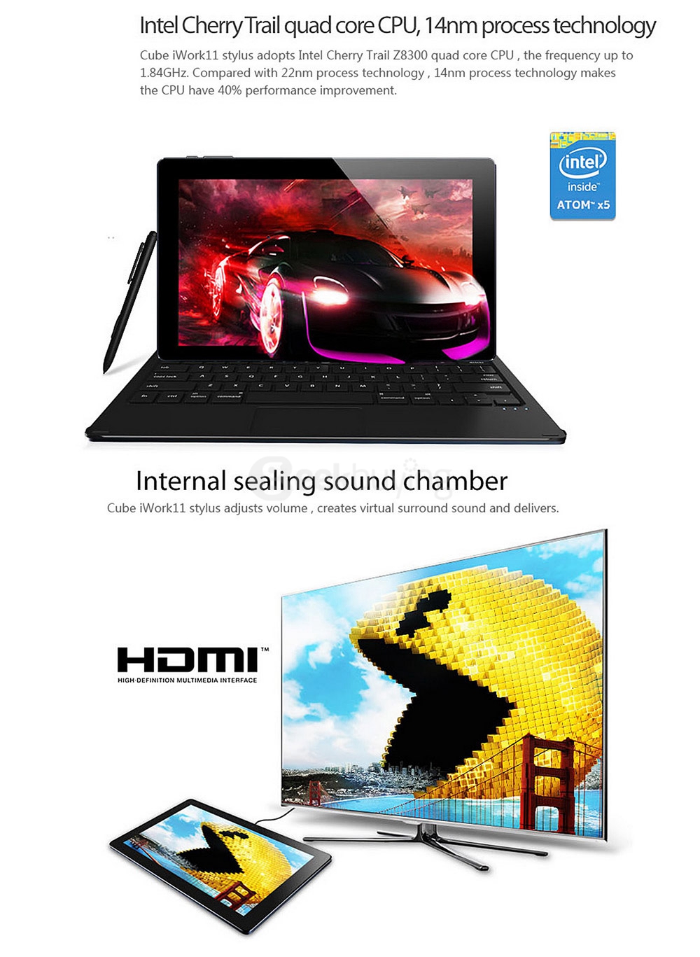 CUBE iWork11 Stylus Tablet PC 10.6 inch Dual OS Windows 10 + Android 5.1 4GB/64GB Intel Cherry Trail Z8300 Quad Core 1.84GHz IPS 1920*1080 - Deep Blue