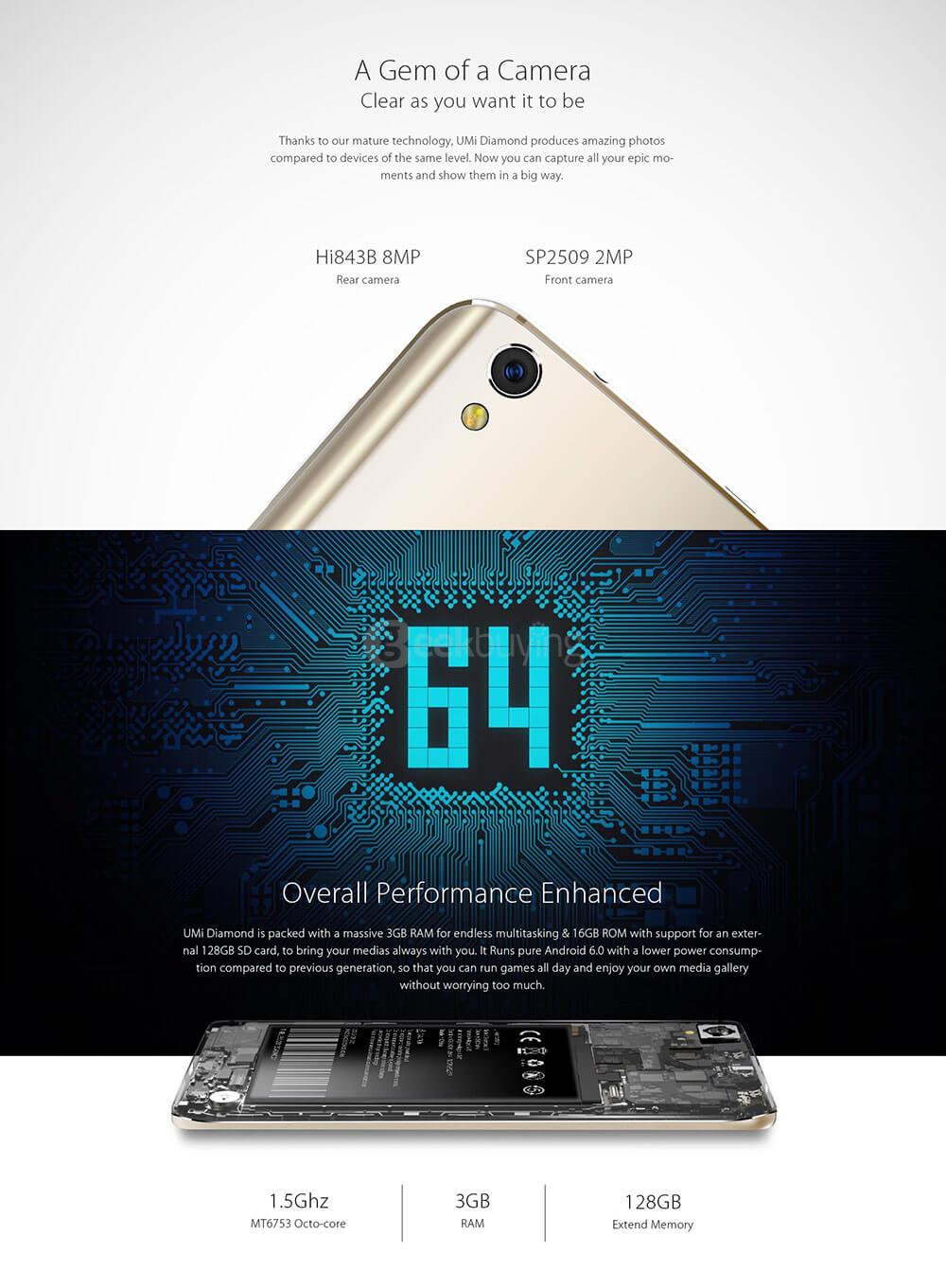 [HK Stock]UMI Diamond 5.0inch 2.5D HD Screen Android 6.0 4G LTE Smartphone MT6753A Octa Core 1.5GHz 3GB RAM 16GB ROM 13.0MP OTG LED Notification - Gold