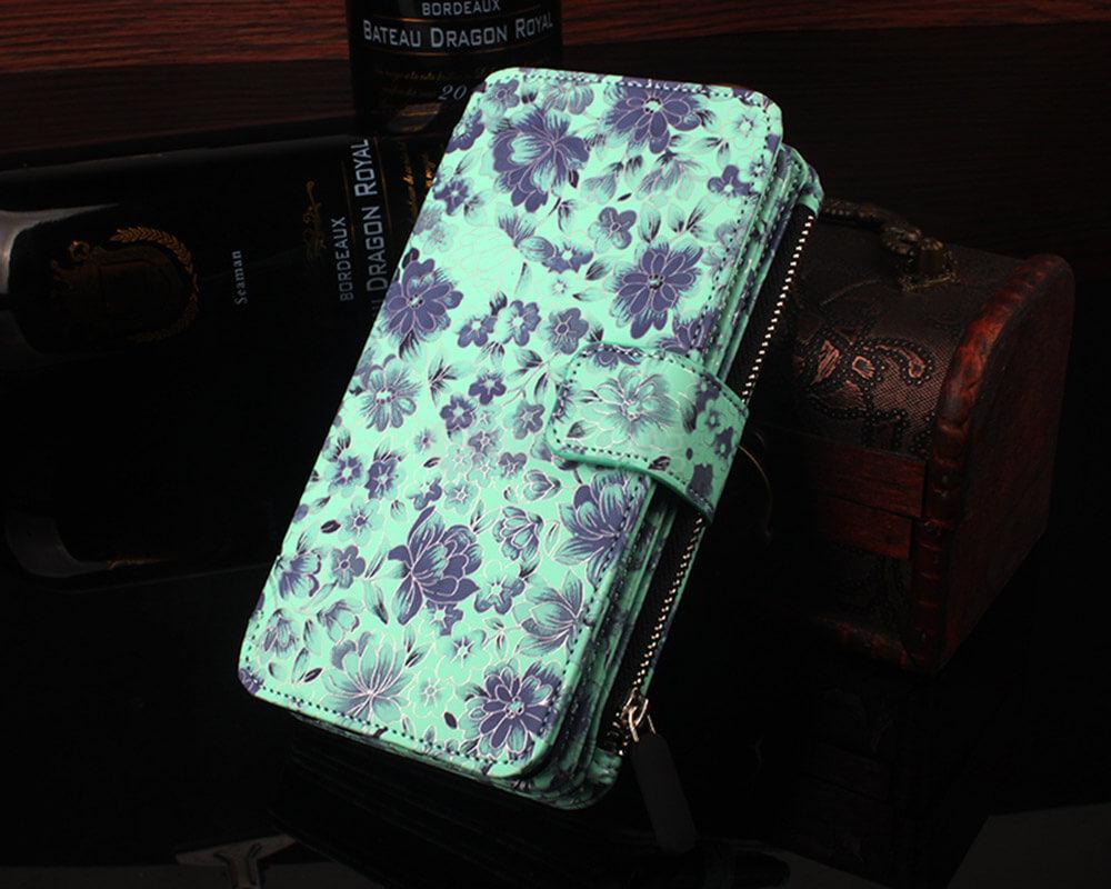 Flower Wallet And Leather Case Two-in-one Phone Cover Protective Case With Pocket For iPhone 7 Plus - Blue