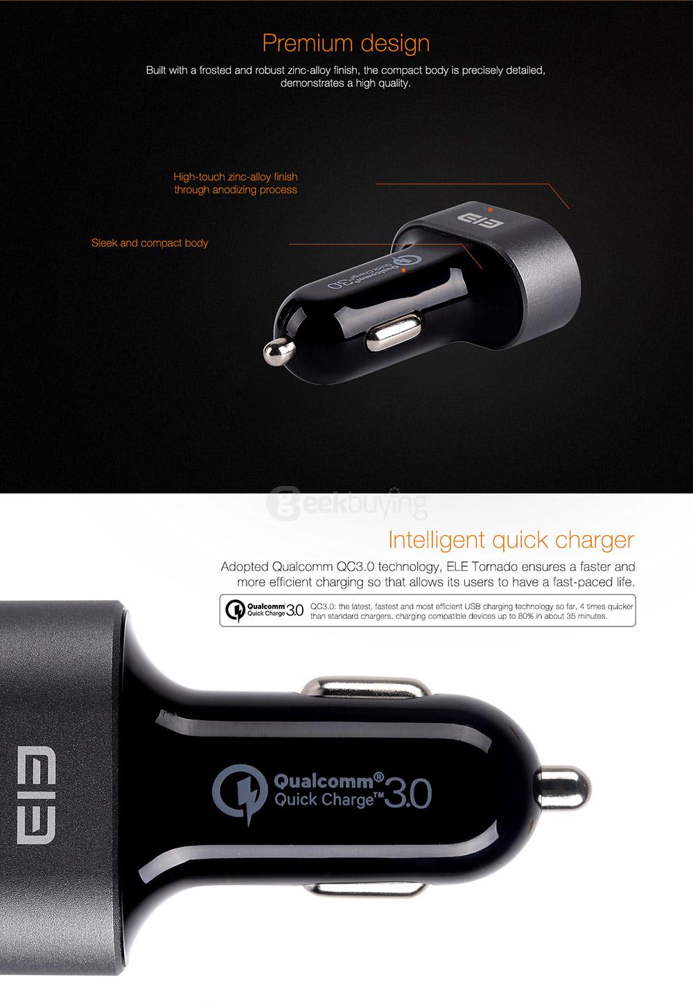 Elephone Tornado QC3.0 Quick Charge Car Charger Qualcomm Certification 3.0 Dual USB Output - Black