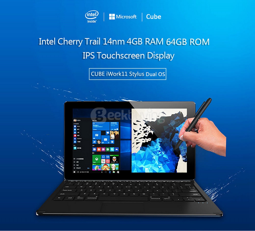 CUBE iWork11 Stylus Tablet PC 10.6 inch Dual OS Windows 10 + Android 5.1 4GB/64GB Intel Cherry Trail Z8300 Quad Core 1.84GHz IPS 1920*1080 - Deep Blue