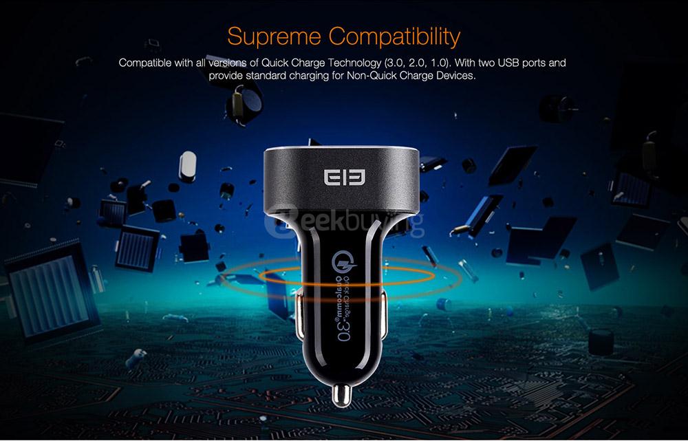 Elephone Tornado QC3.0 Quick Charge Car Charger Qualcomm Certification 3.0 Dual USB Output - Black