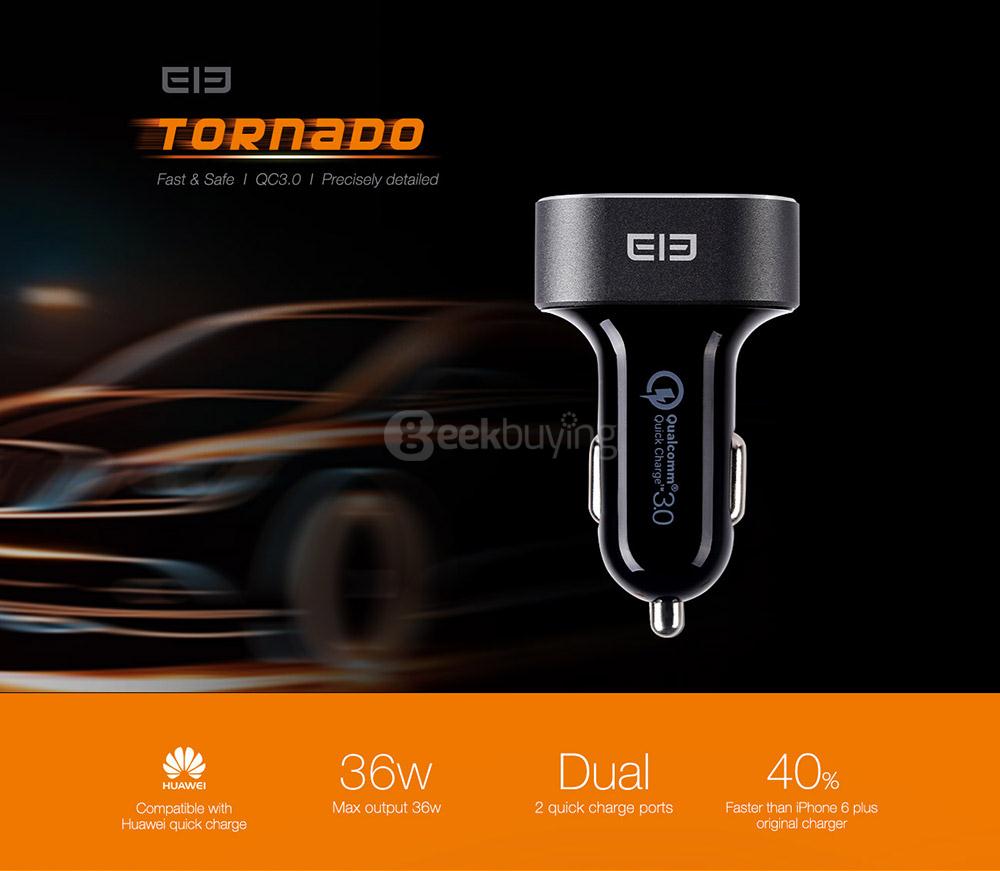 Elephone Tornado QC3.0 Quick Charge Car Charger Qualcomm Certification 3.0 Dual USB Output - Black