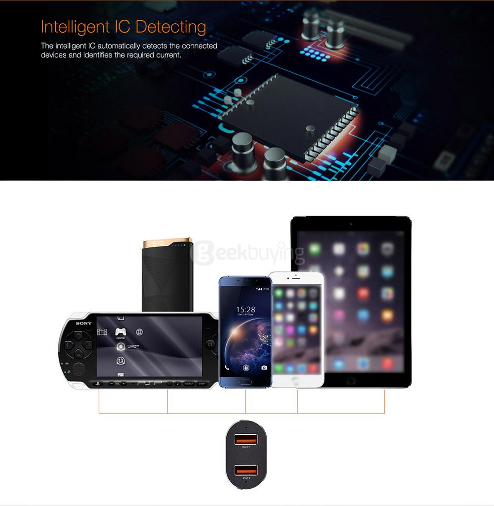 Elephone Tornado QC3.0 Quick Charge Car Charger Qualcomm Certification 3.0 Dual USB Output - Black