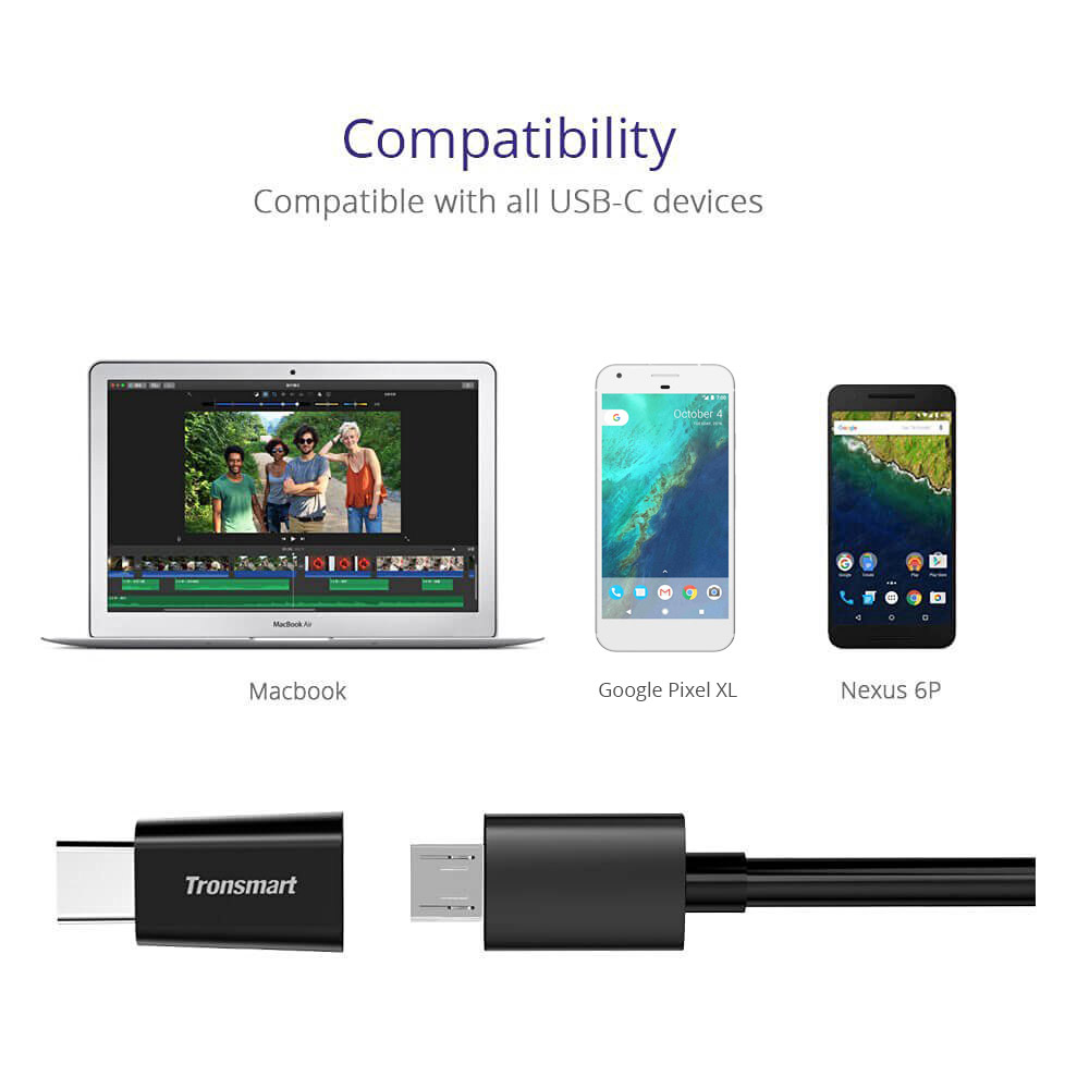 Tronsmart USB 2.0 Type-C Male to Micro-B Female Adapter 2pcs for Type-C Supported Devices