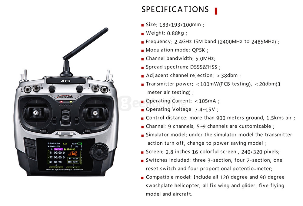 RadioLink AT9 2.4GHz 9CH Transmitter With R9D 9CH Receiver Mode 2