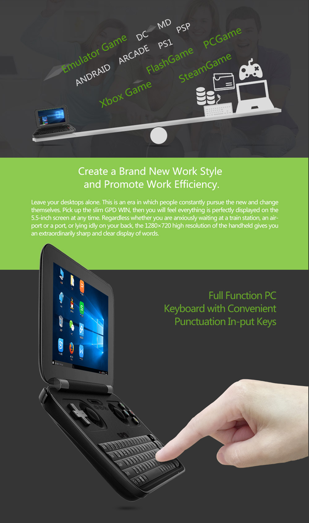 GPD Win Aluminum Shell Version 5.5 inch Gamepad Tablet PC Intel Atom X7 Z8750 Windows 10 OS 4GB/64GB Game Console Quad Core 2.56GHz Gorilla Glass Touch Screen 1280*720 Type-C - Black