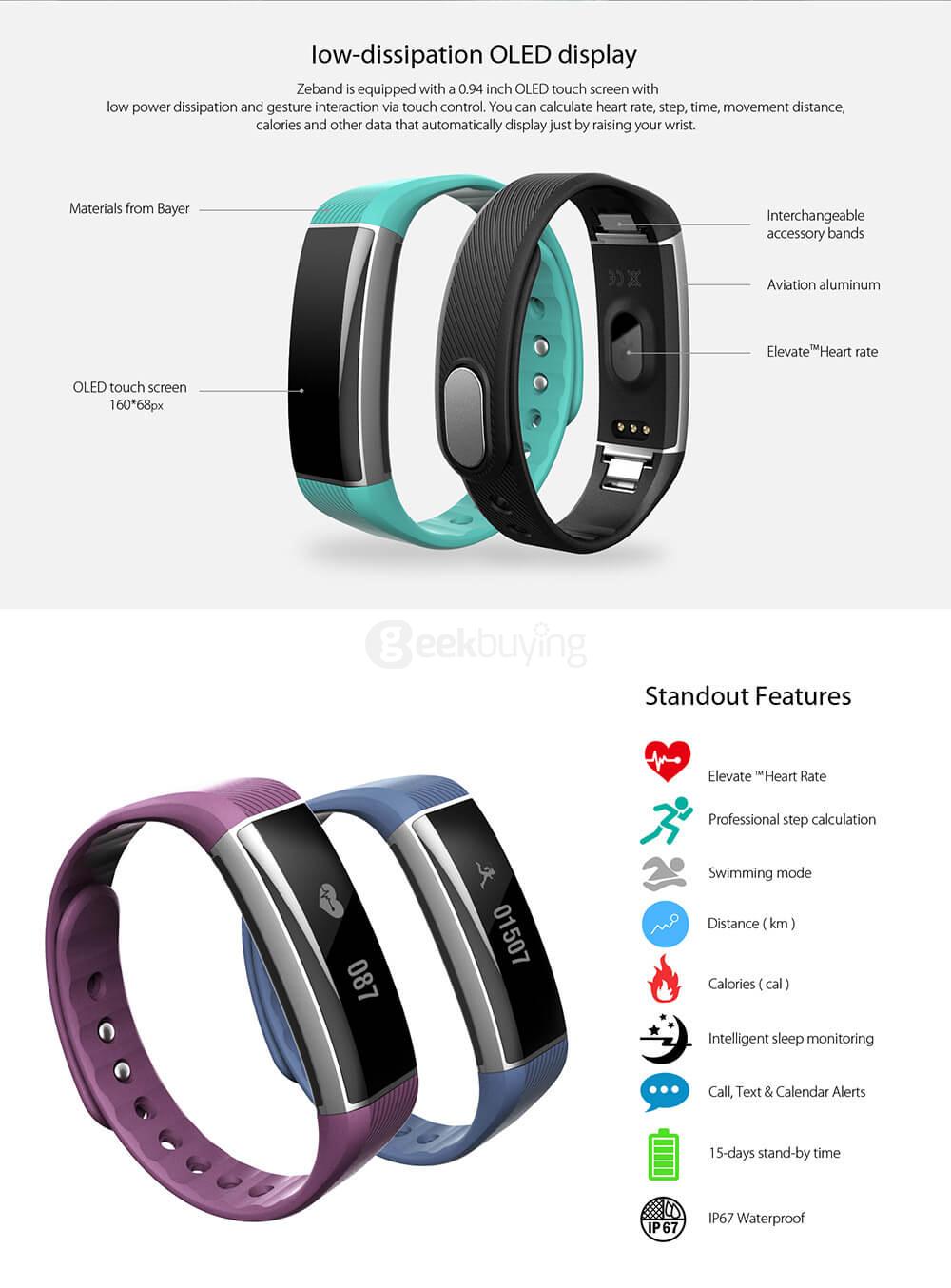 Zeblaze ZeBand BLE4.0 Heart Rate Monitor Smartband IP67 Swimming Mode Sleep Fitness Tracker OLED Display for Android iOS - Black