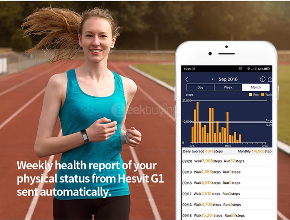 Hesvit G1 Bluetooth 4.0 Smart Bracelet Heart Rate Monitor Skin Temperature Measurement Automatic Activity Tracker for Andriod iOS - Black