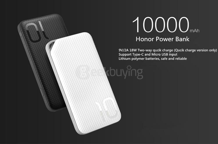 Original Huawei Honor AP08Q Portable 10000mAh Power Bank Qualcomm Certification Quick Charge 2.0 Type-C & Micro USB Input - White