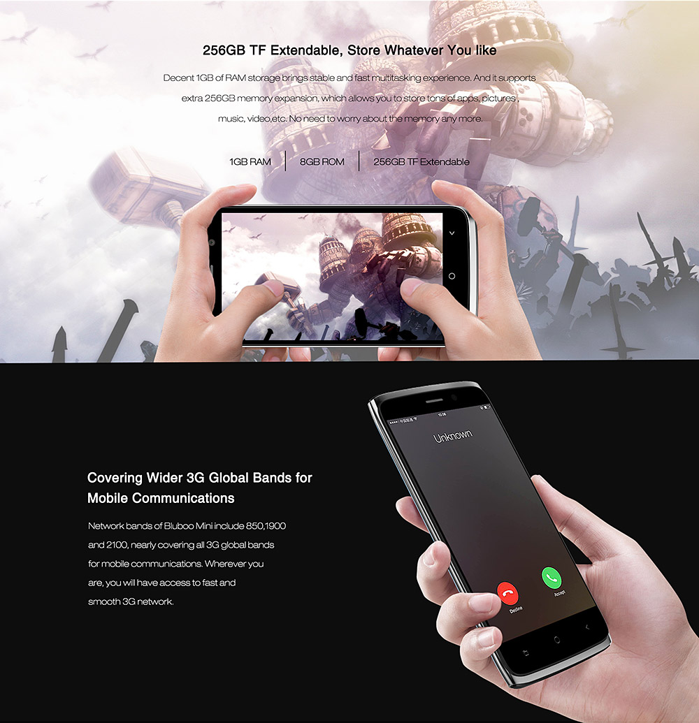 [HK Stock]Bluboo Mini 4.5inch IPS QHD Android 6.0 3G Smartphone MT6580 Quad Core 1.3GHz 1GB RAM 8GB ROM 5.0MP 8.0MP WIFI Bluetooth - Blue