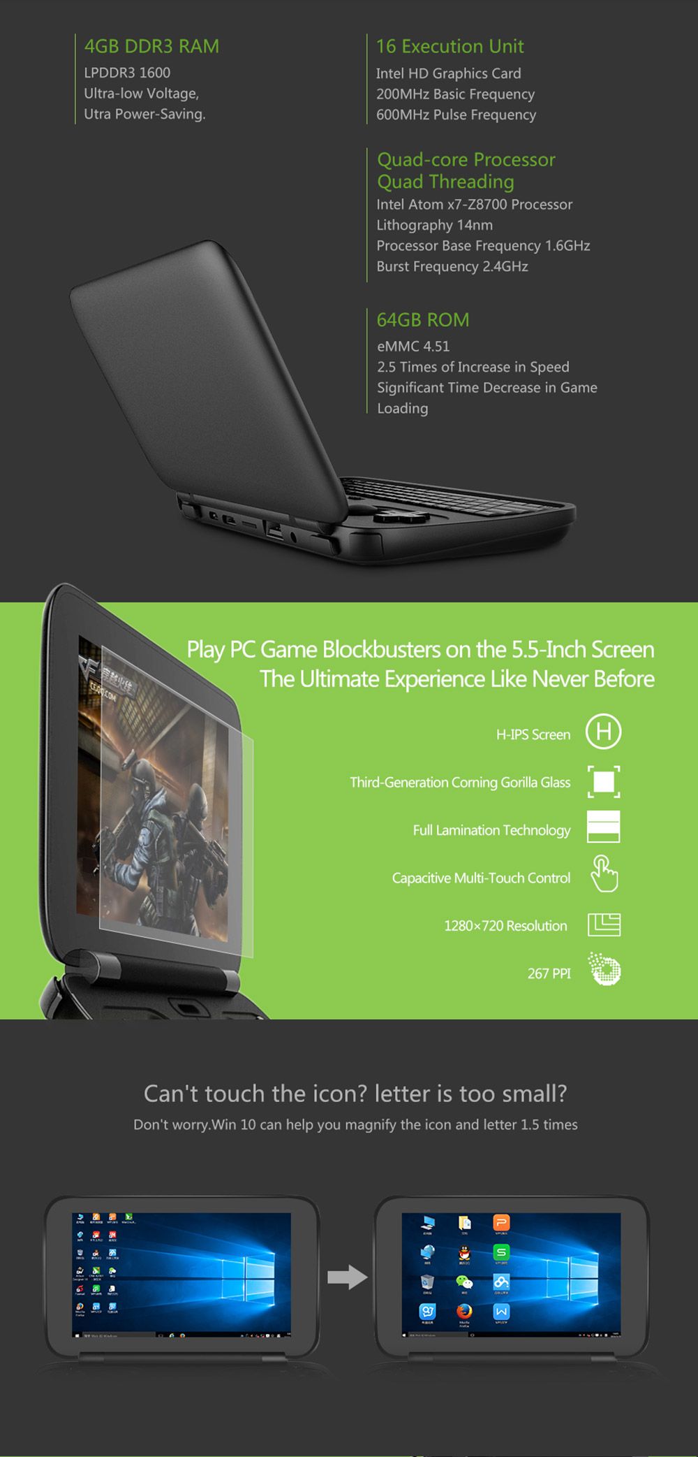 [Spain Stock] GPD Win 5.5 inch Gamepad Tablet PC Intel Atom X7 Z8700 Windows 10 OS 4GB/64GB Game Console Quad Core 2.4GHz Gorilla Glass Touch Screen 1280*720 Type-C - Black
