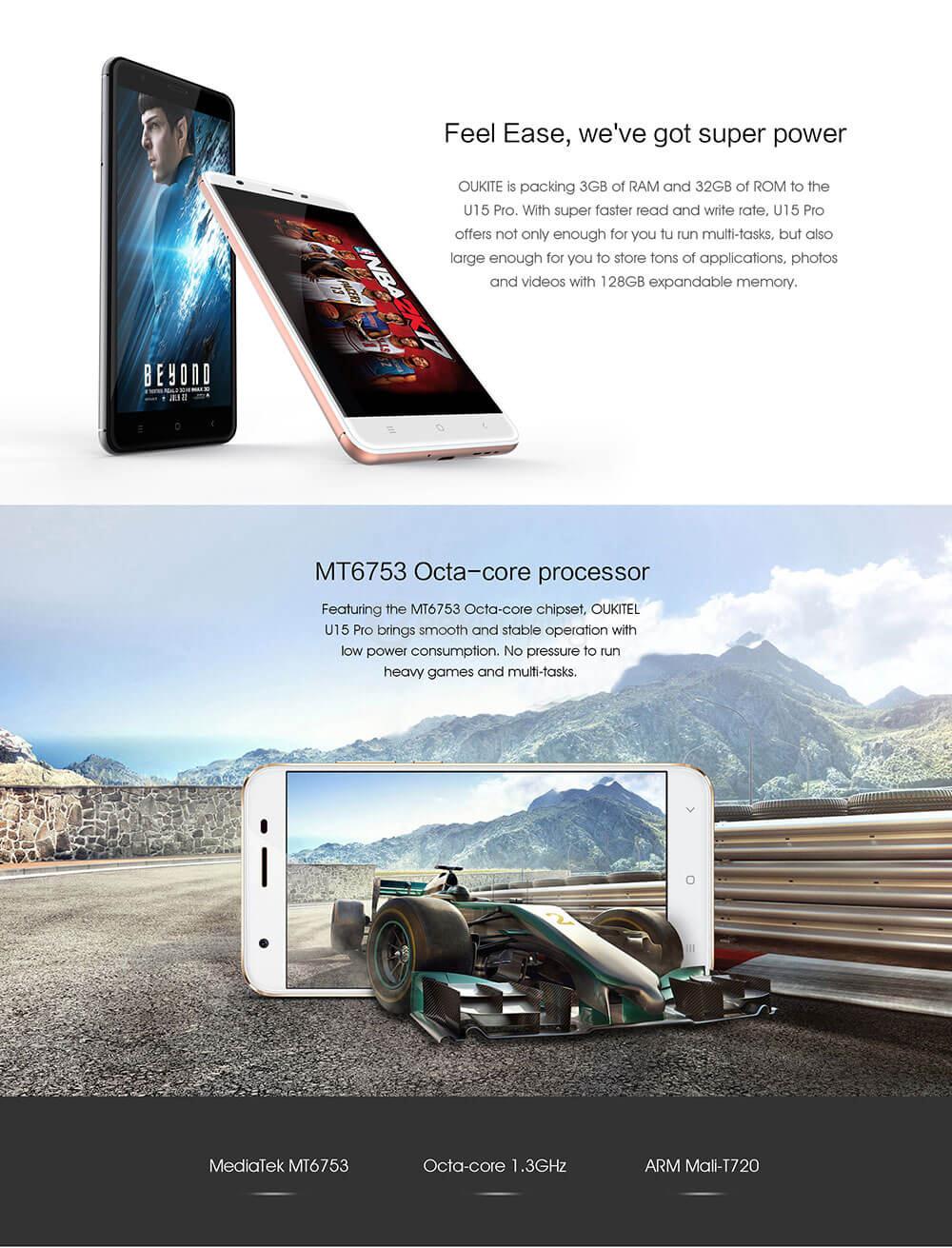 [HK Stock]Oukitel U15 PRO 5.5inch 2.5D HD Android 6.0 Smartphone MT6753 Octa Core 1.3GHz 3GB RAM 32GB ROM 16.0MP TOUCH ID OTG LED Notification - Rose Gold