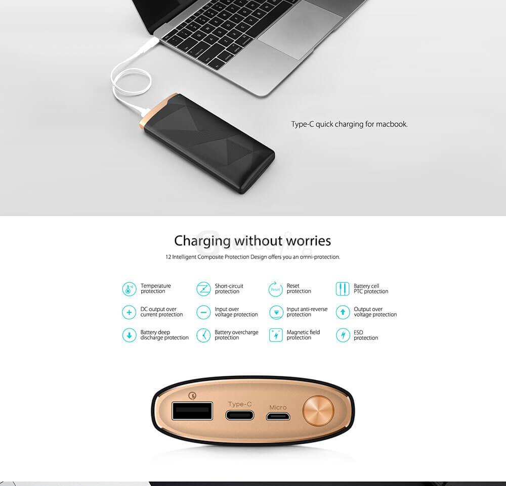 Elephone Power Thunder 16000mAh Type-C Mobile Power Bank Qualcomm Certification QC3.0 LED Indicators - Gold