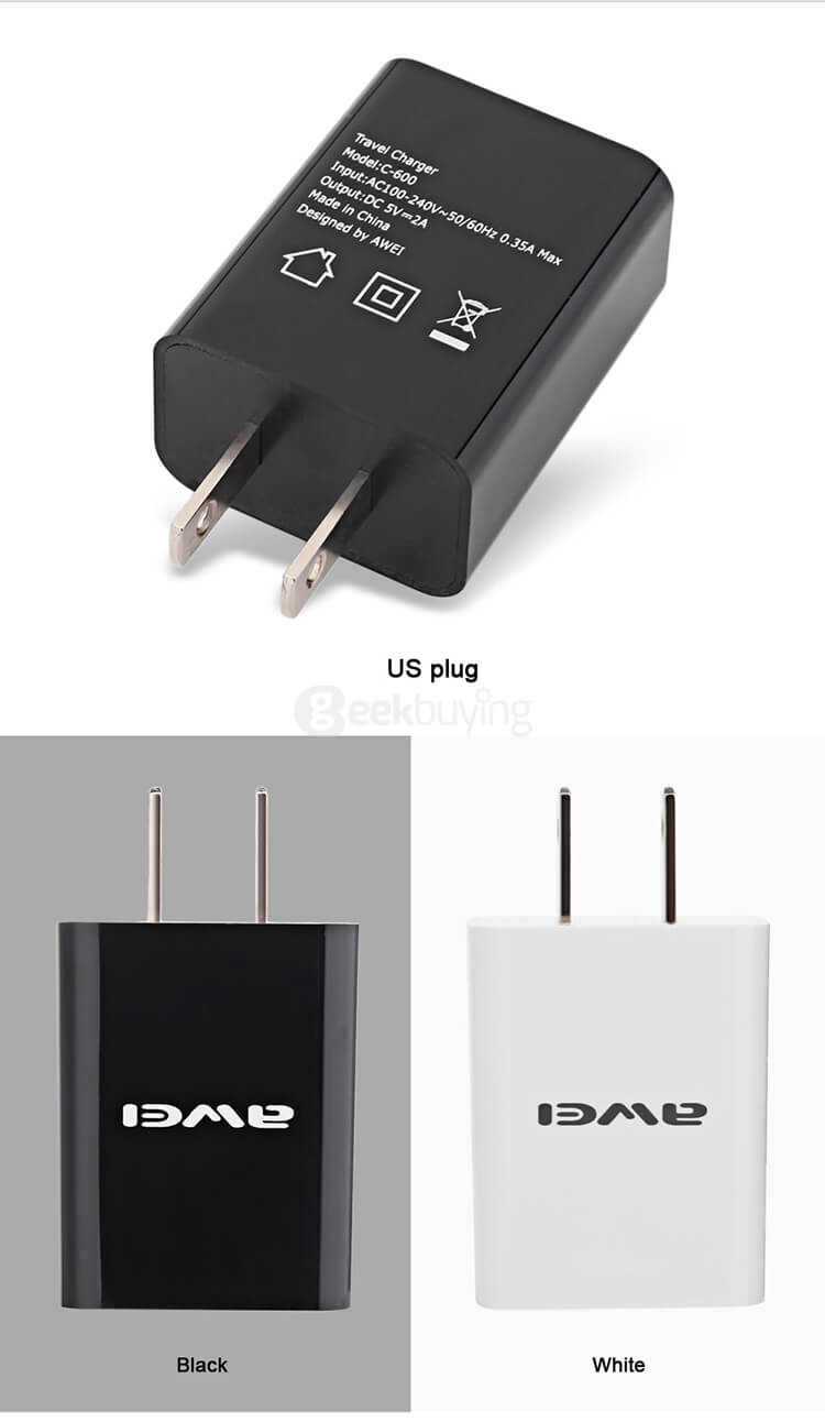 Awei C-600 Travel Charger 5V 2A USB Power Adapter US Plug - White