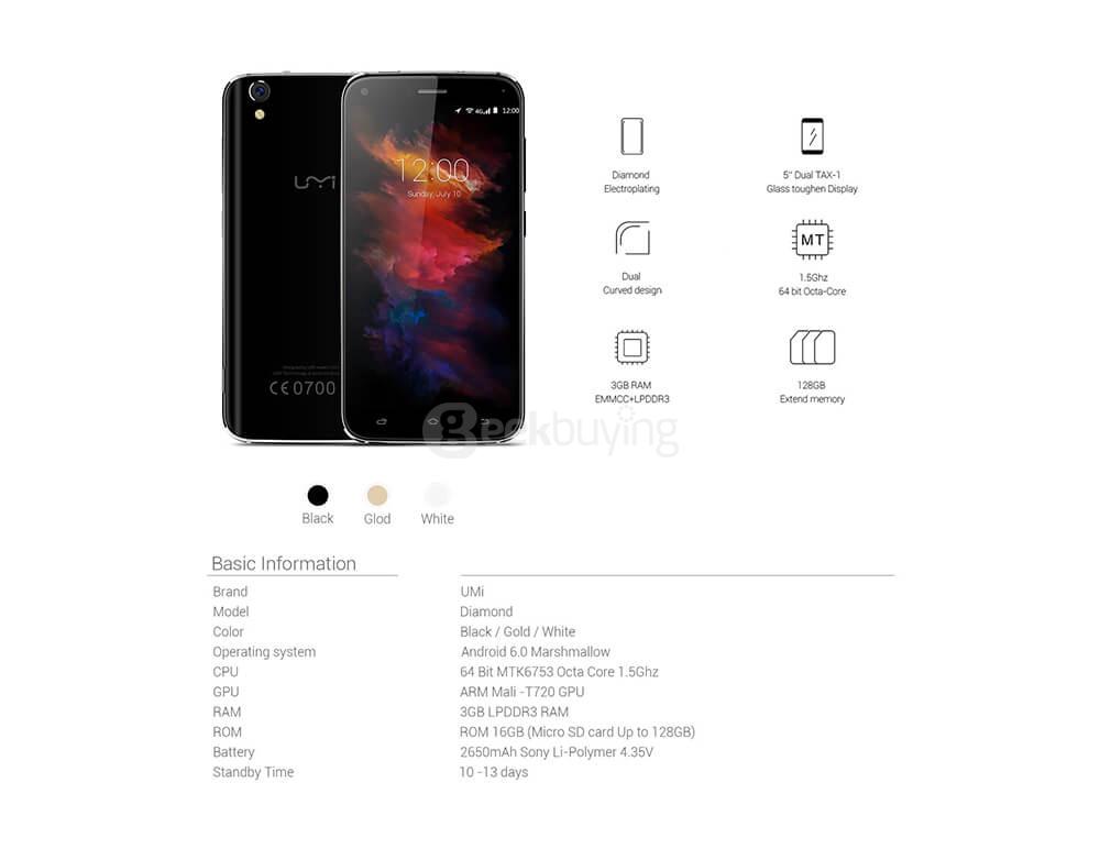 [HK Stock]UMI Diamond 5.0inch 2.5D HD Screen Android 6.0 4G LTE Smartphone MT6753A Octa Core 1.5GHz 3GB RAM 16GB ROM 13.0MP OTG LED Notification - Gold