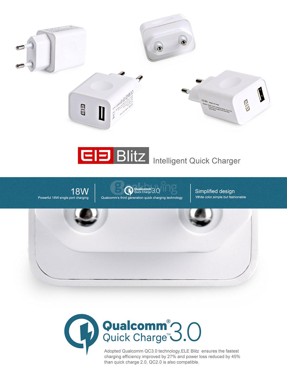 Original Elephone Blitz EU Plug Power Adapter Qualcomm Certification 3.0 Quick Charge Wall Charger - White
