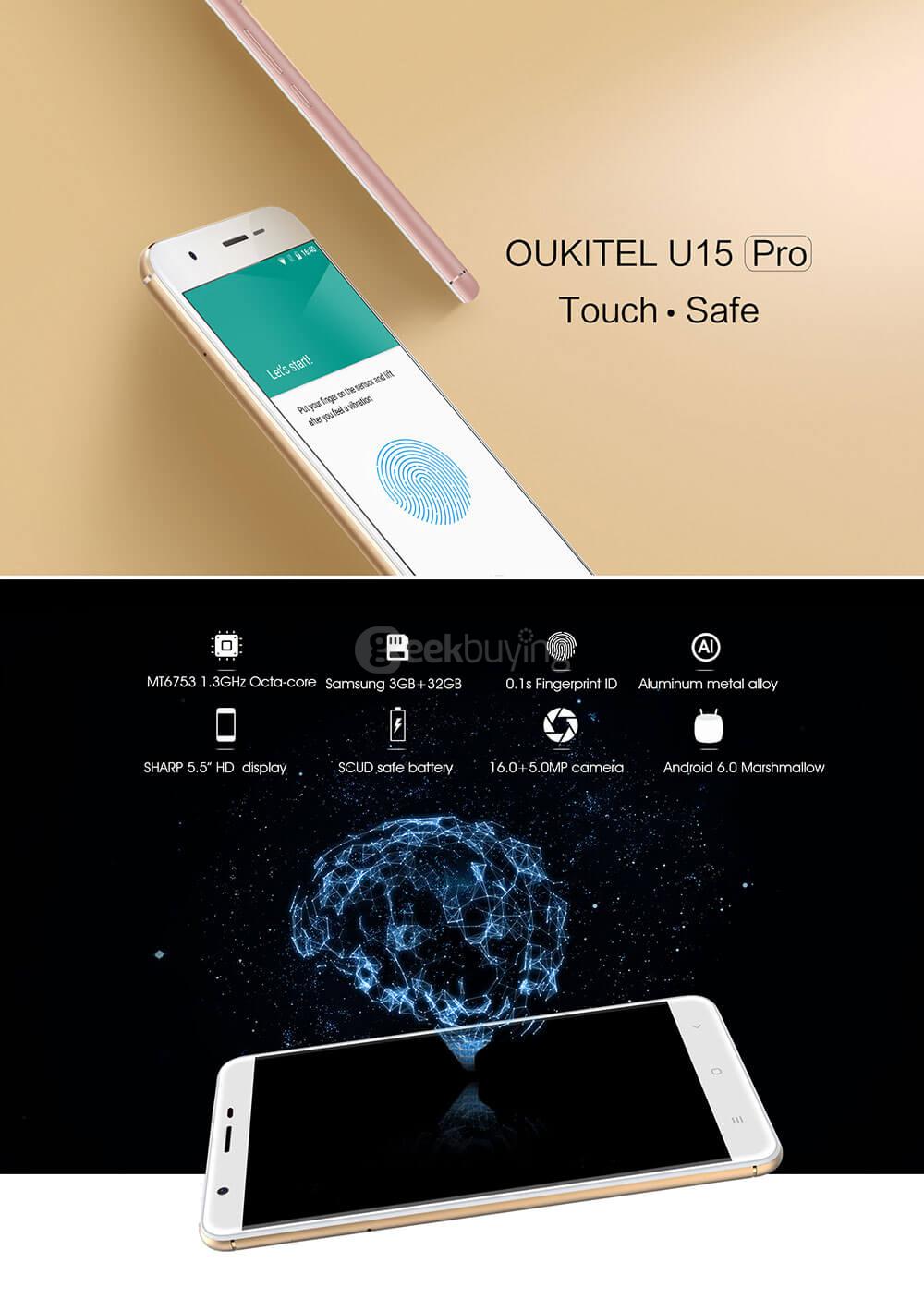 [HK Stock]Oukitel U15 PRO 5.5inch 2.5D HD Android 6.0 Smartphone MT6753 Octa Core 1.3GHz 3GB RAM 32GB ROM 16.0MP TOUCH ID OTG LED Notification - Rose Gold