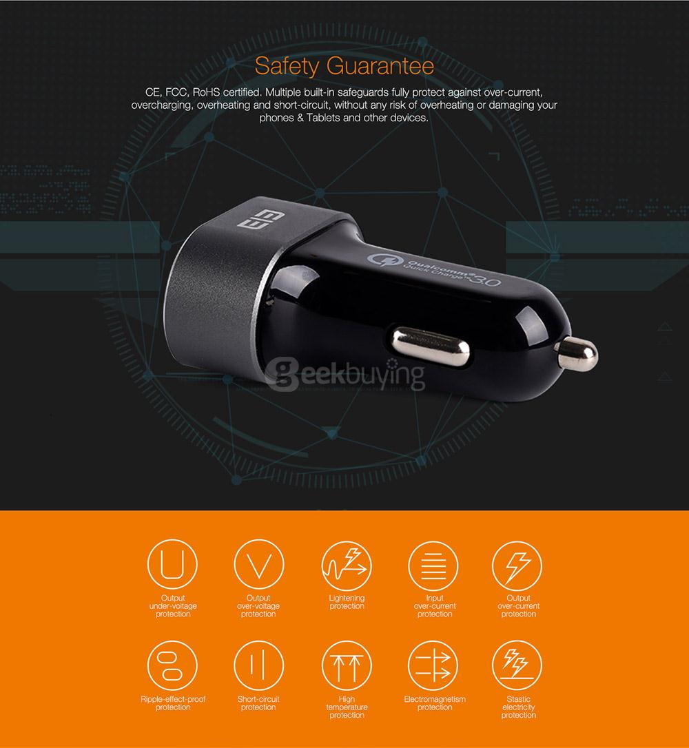 Elephone Tornado QC3.0 Quick Charge Car Charger Qualcomm Certification 3.0 Dual USB Output - Black