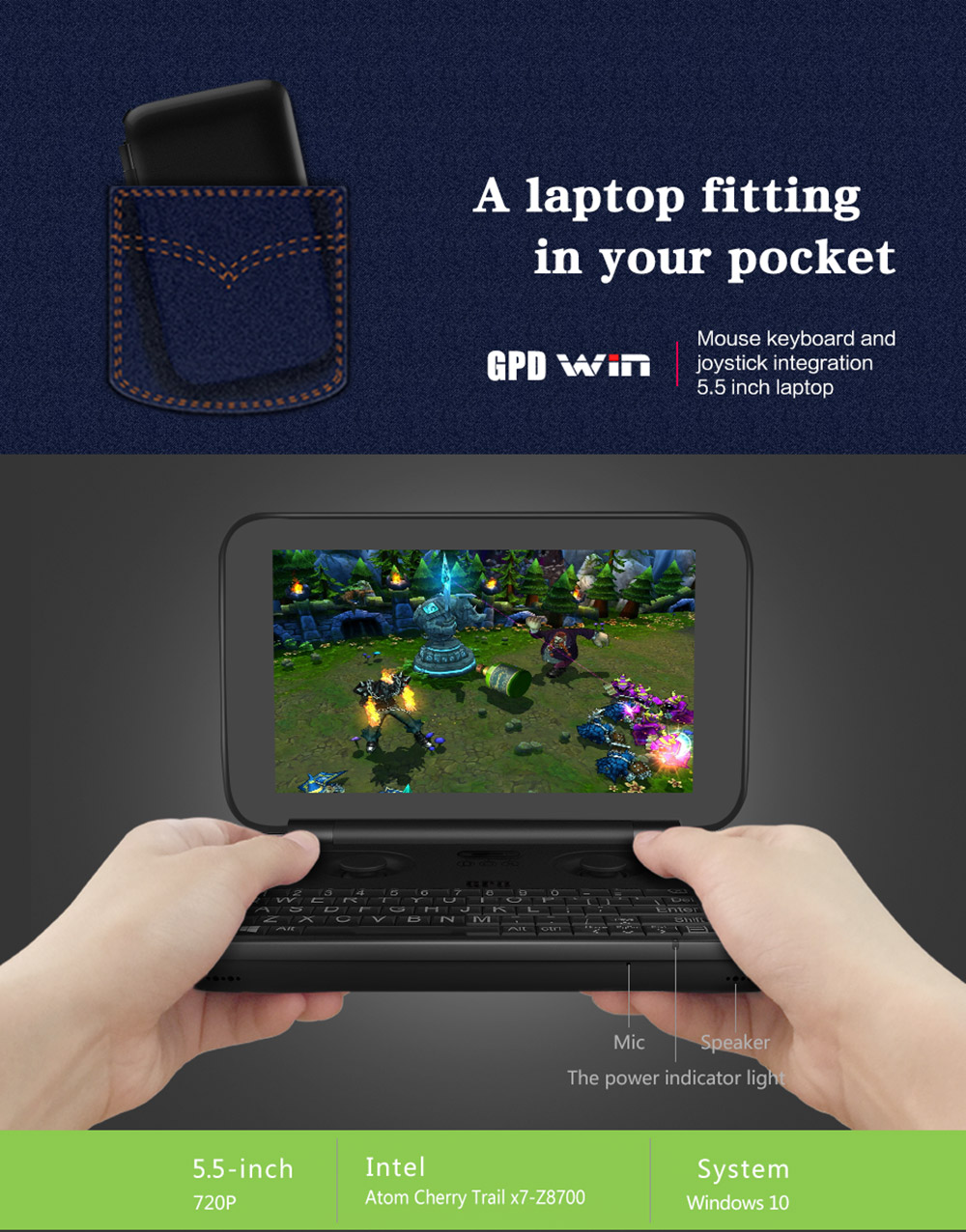 [Spain Stock] GPD Win 5.5 inch Gamepad Tablet PC Intel Atom X7 Z8700 Windows 10 OS 4GB/64GB Game Console Quad Core 2.4GHz Gorilla Glass Touch Screen 1280*720 Type-C - Black