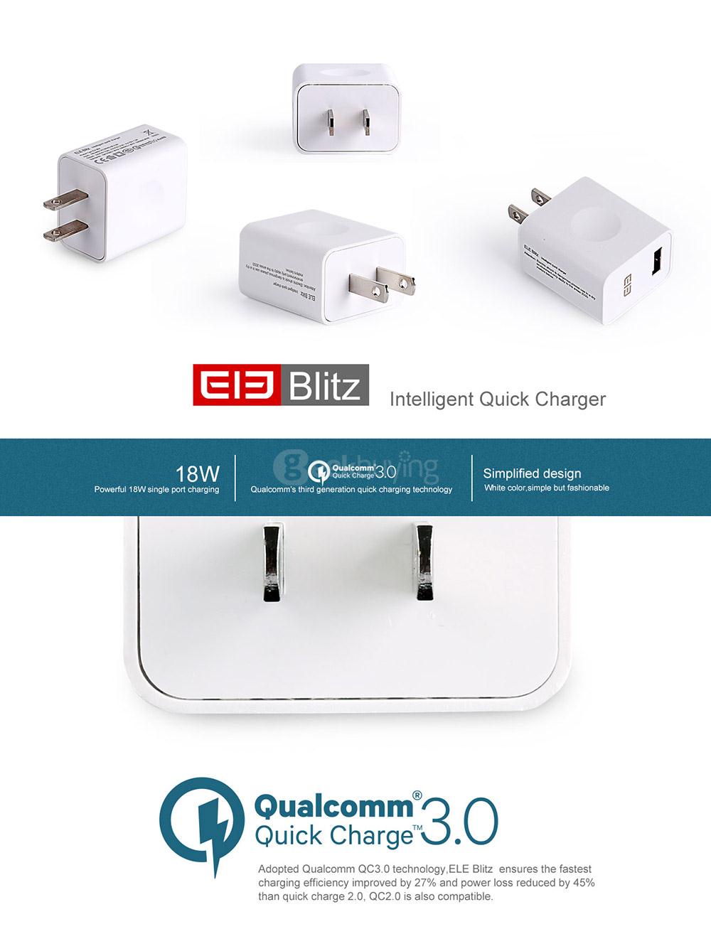 Original Elephone Blitz US Plug Power Adapter Qualcomm Certification 3.0 Quick Charge Wall Charger - White