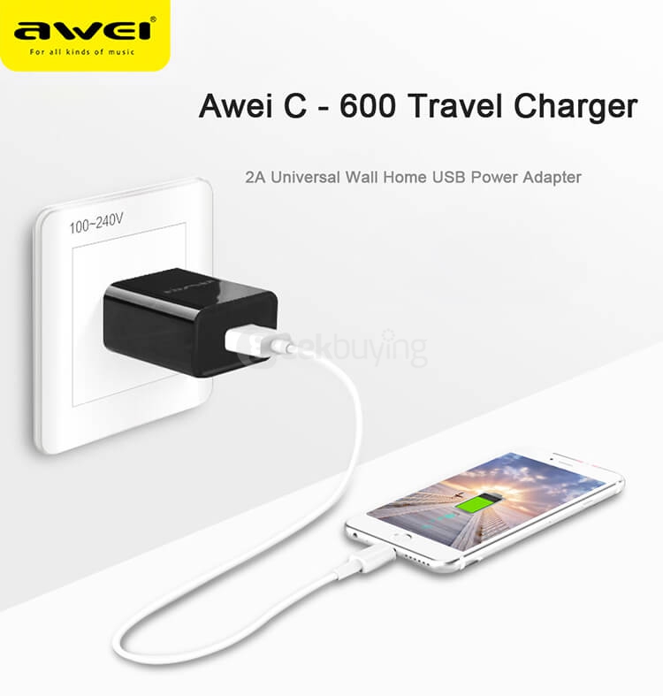 Awei C-600 Travel Charger 5V 2A USB Power Adapter US Plug - White
