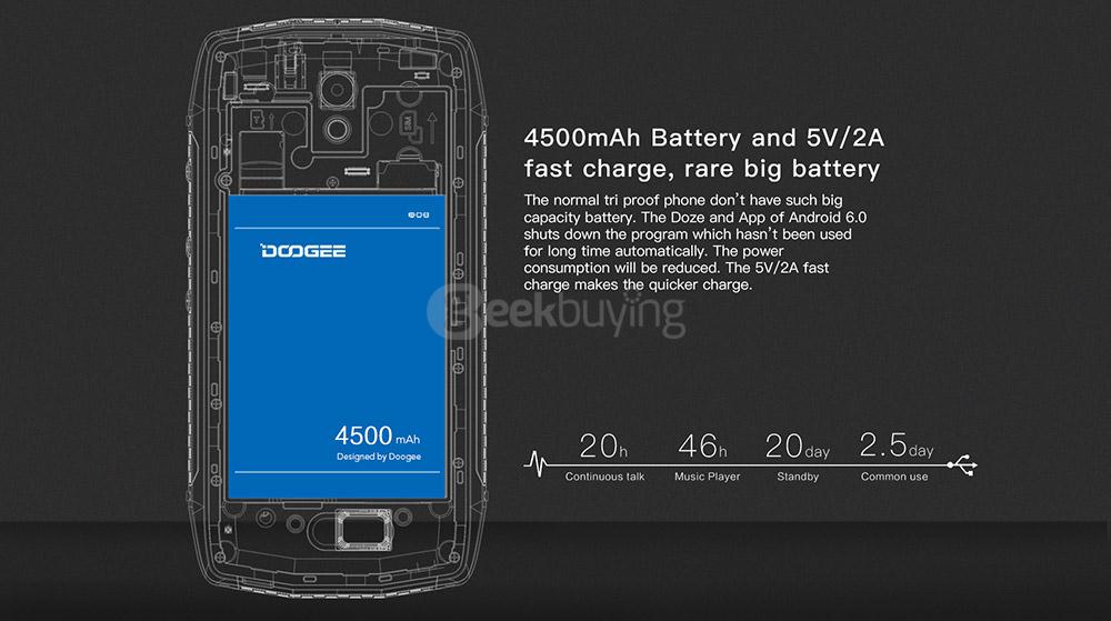 [HK Stock]Doogee T5 LITE 5.0inch HD Android 6.0 IP67 Waterproof Business Sport Phone MT6735 Quad Core 1.0GHz 2GB 16GB 5.0MP 8.0MP OTG 4500mAh Battery - Black