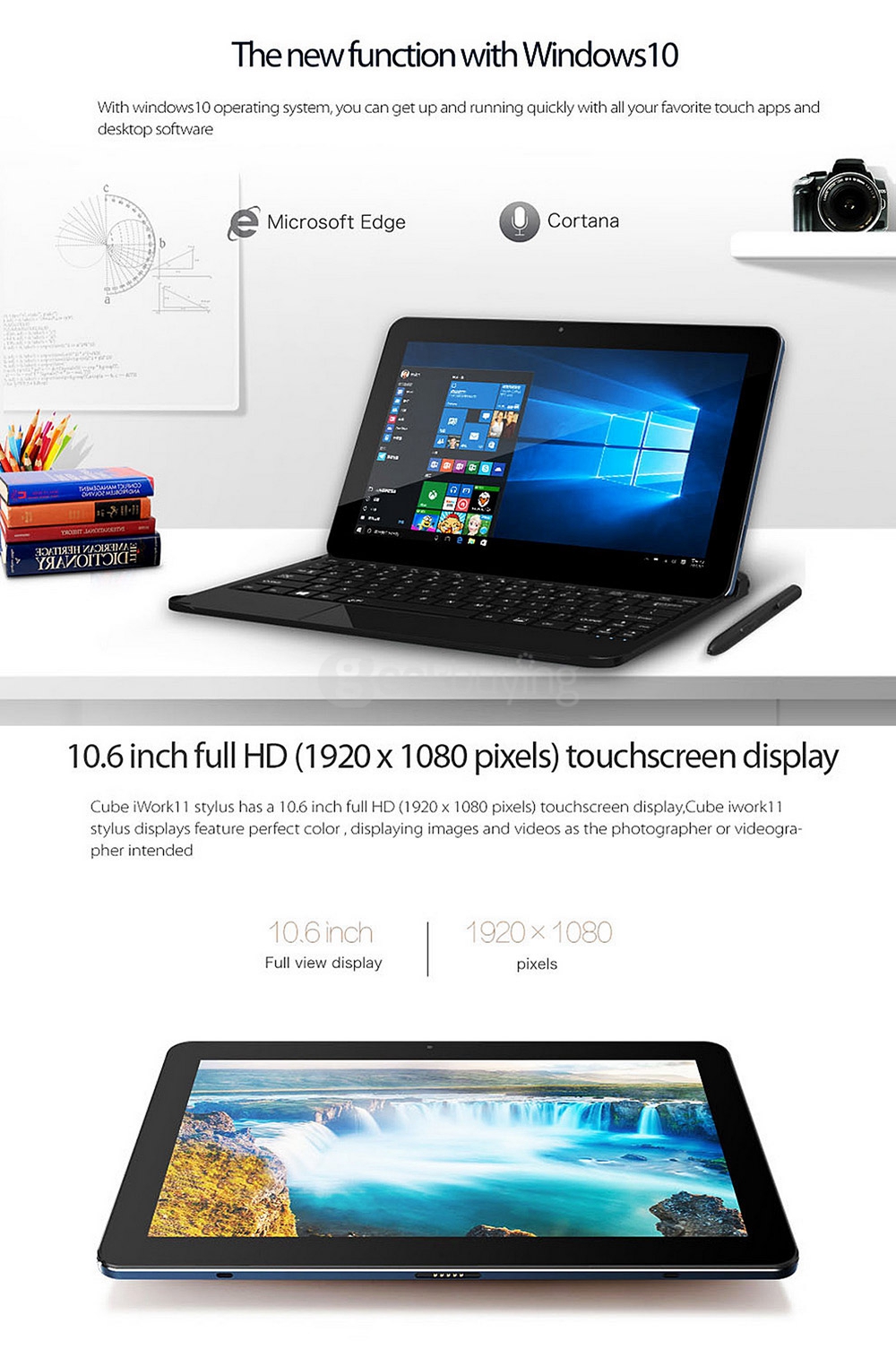CUBE iWork11 Stylus Tablet PC 10.6 inch Dual OS Windows 10 + Android 5.1 4GB/64GB Intel Cherry Trail Z8300 Quad Core 1.84GHz IPS 1920*1080 - Deep Blue