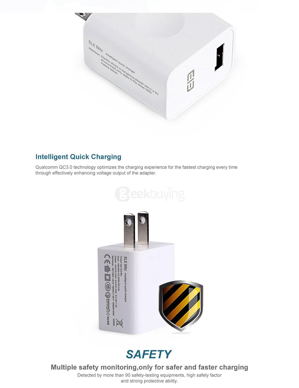 Original Elephone Blitz US Plug Power Adapter Qualcomm Certification 3.0 Quick Charge Wall Charger - White