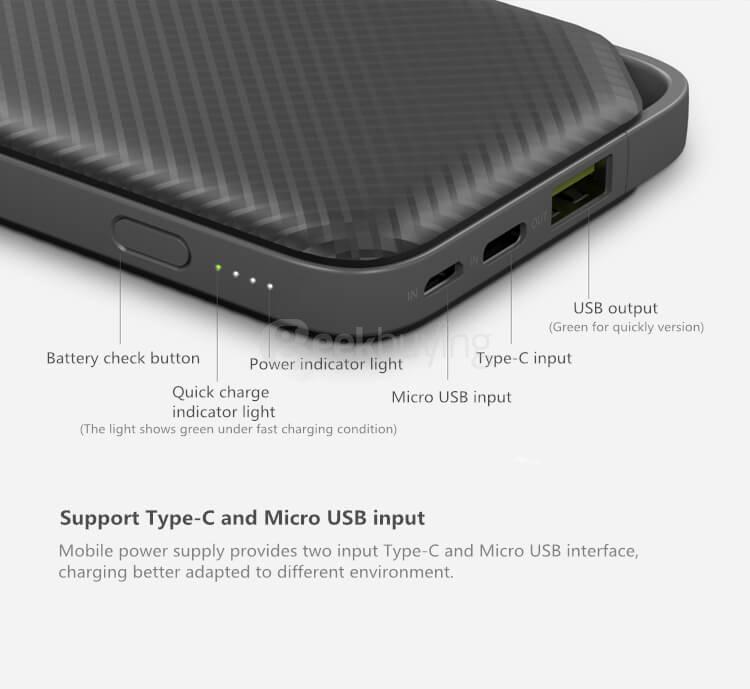 Original Huawei Honor AP08Q Portable 10000mAh Power Bank Qualcomm Certification Quick Charge 2.0 Type-C & Micro USB Input - White