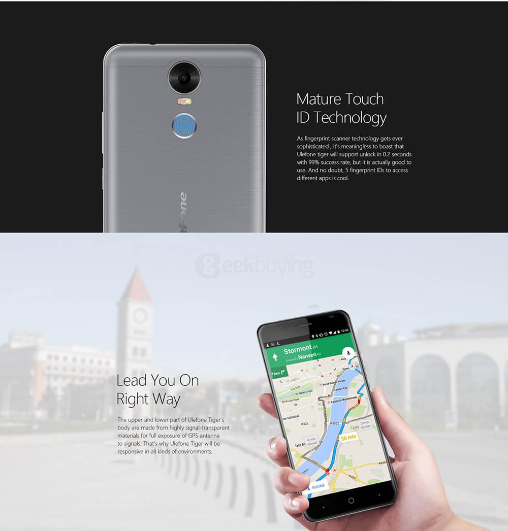 [HK Stock]Ulefone Tiger 5.5inch HD Android 6.0 4G LTE Smartphone MT6737 Quad Core 1.3GHz 2GB RAM 16GB ROM 13.0MP Touch ID OTG 4200mAh Battery - Gray