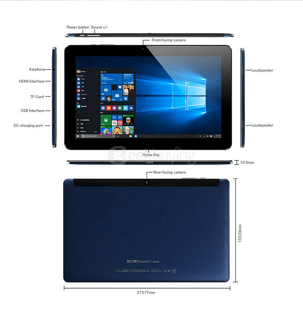 CUBE iWork11 Stylus Tablet PC 10.6 inch Dual OS Windows 10 + Android 5.1 4GB/64GB Intel Cherry Trail Z8300 Quad Core 1.84GHz IPS 1920*1080 - Deep Blue