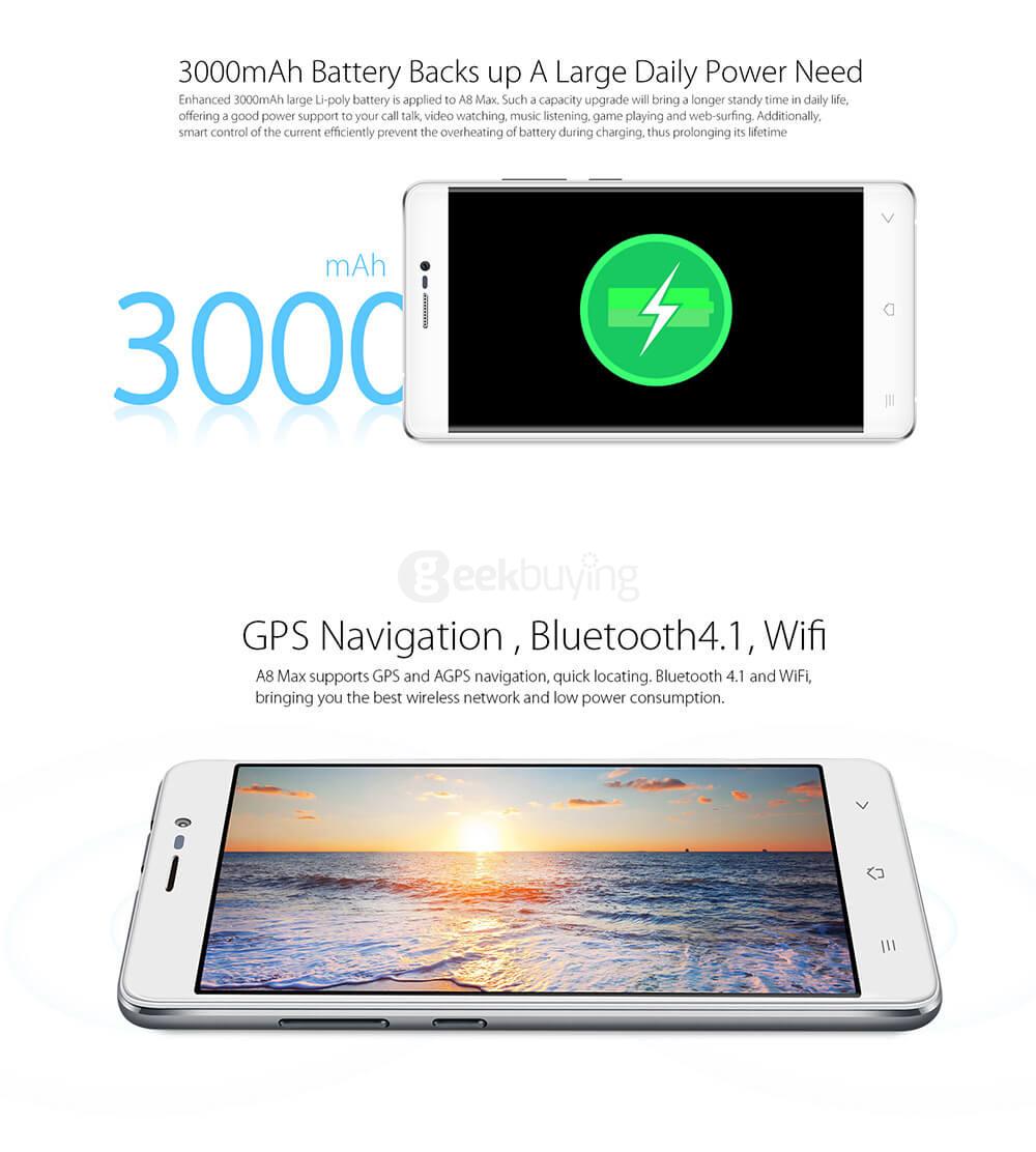 [HK Stock]Blackview A8 MAX 5.5inch HD 2.5D Arc Screen Android 6.0 4G LTE Smartphone MT6737 Quad Core 1.3GHz 2GB RAM 16GB ROM 5.0MP 8.0MP - Silver