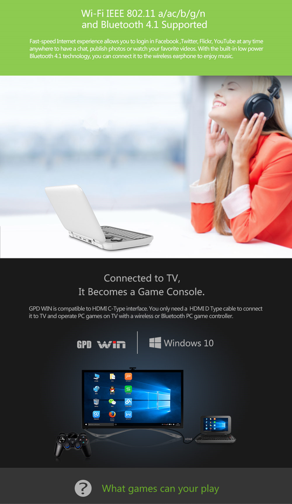 GPD Win 5.5 inch Gamepad Tablet PC Intel Atom X7 Z8700 Windows 10 OS 4GB/64GB Game Console Quad Core 2.4GHz Gorilla Glass Touch Screen 1280*720 Type-C - Black