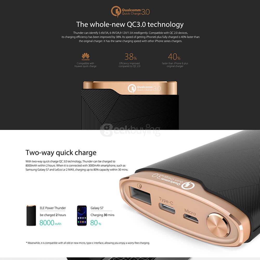Elephone Power Thunder 16000mAh Type-C Mobile Power Bank Qualcomm Certification QC3.0 LED Indicators - Gold