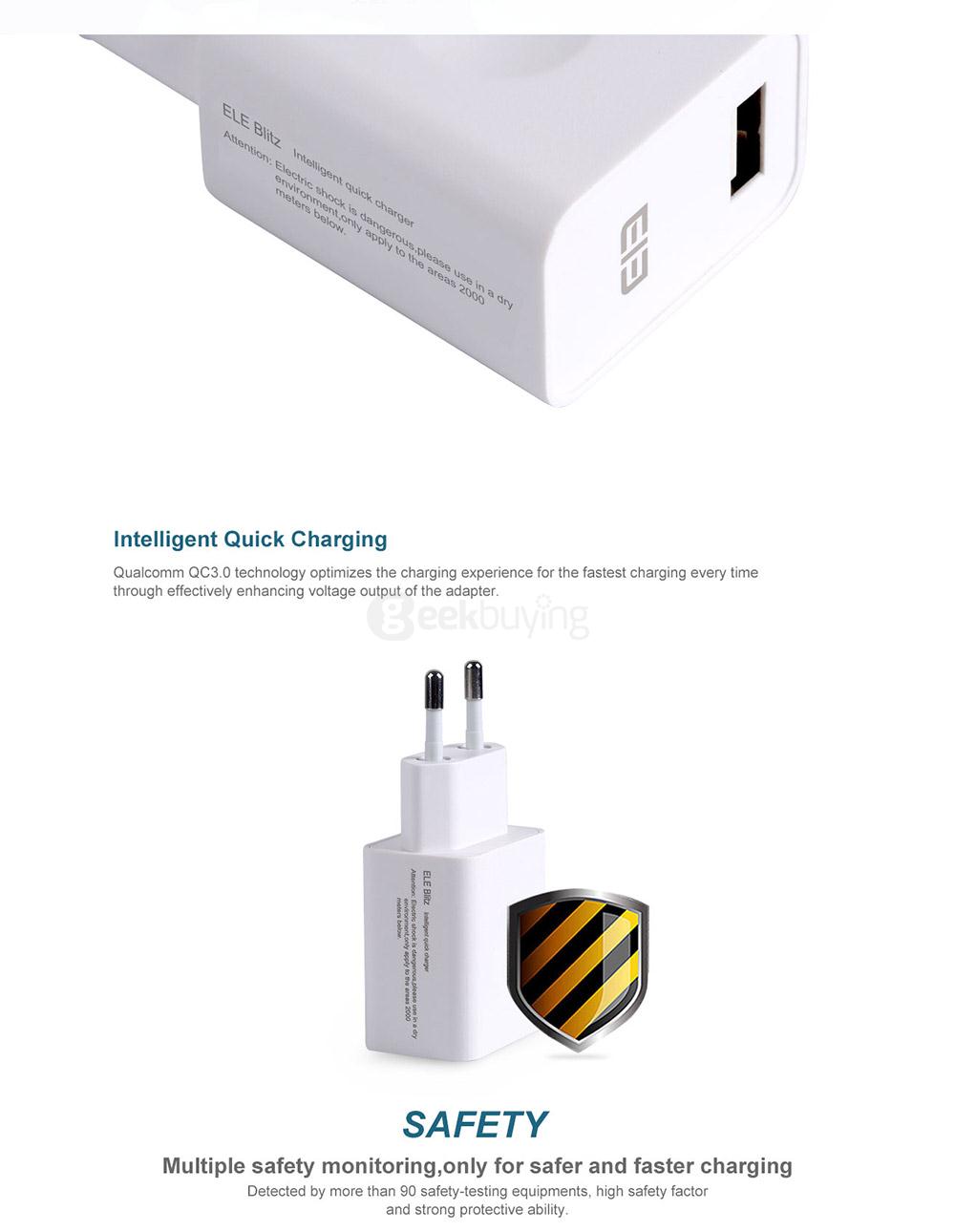 Original Elephone Blitz EU Plug Power Adapter Qualcomm Certification 3.0 Quick Charge Wall Charger - White