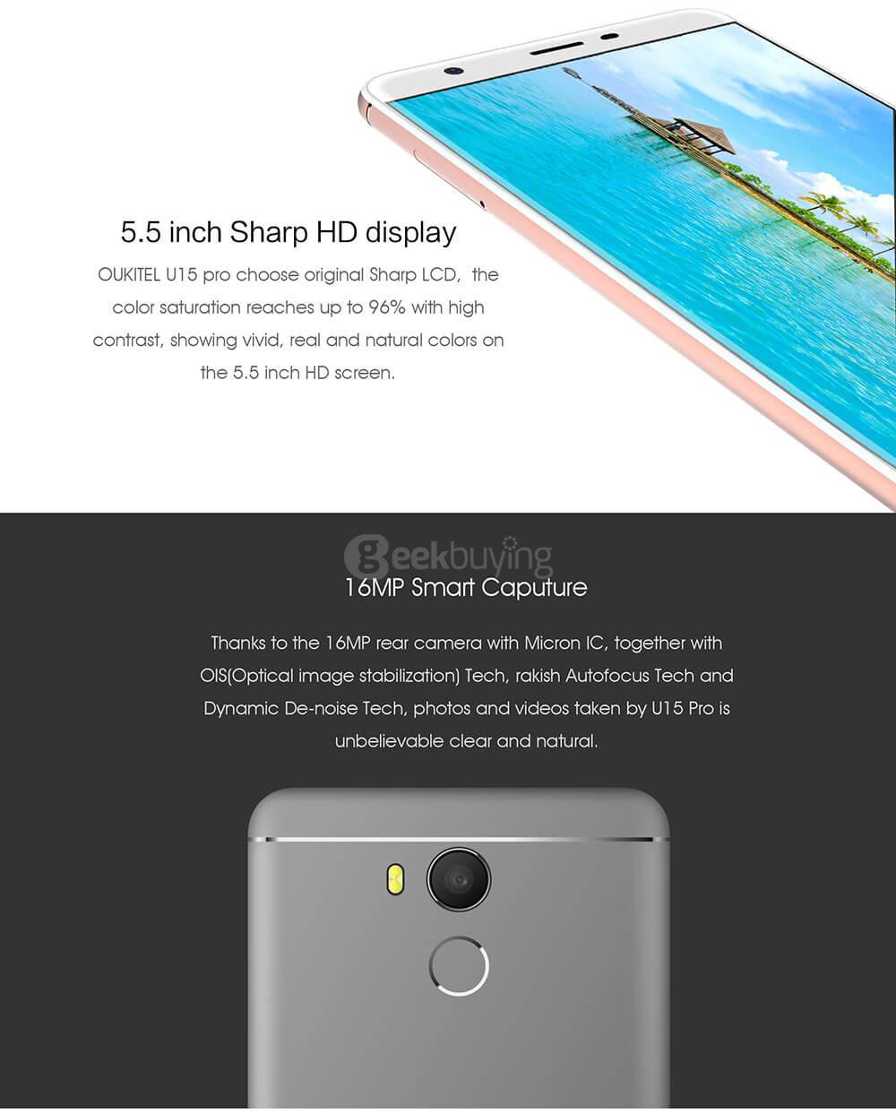 [HK Stock]Oukitel U15 PRO 5.5inch 2.5D HD Android 6.0 Smartphone MT6753 Octa Core 1.3GHz 3GB RAM 32GB ROM 16.0MP TOUCH ID OTG LED Notification - Gold