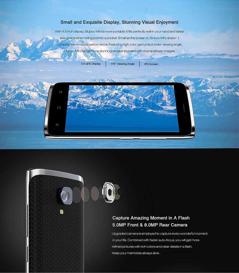 [HK Stock]Bluboo Mini 4.5inch IPS QHD Android 6.0 3G Smartphone MT6580 Quad Core 1.3GHz 1GB RAM 8GB ROM 5.0MP 8.0MP WIFI Bluetooth - Blue