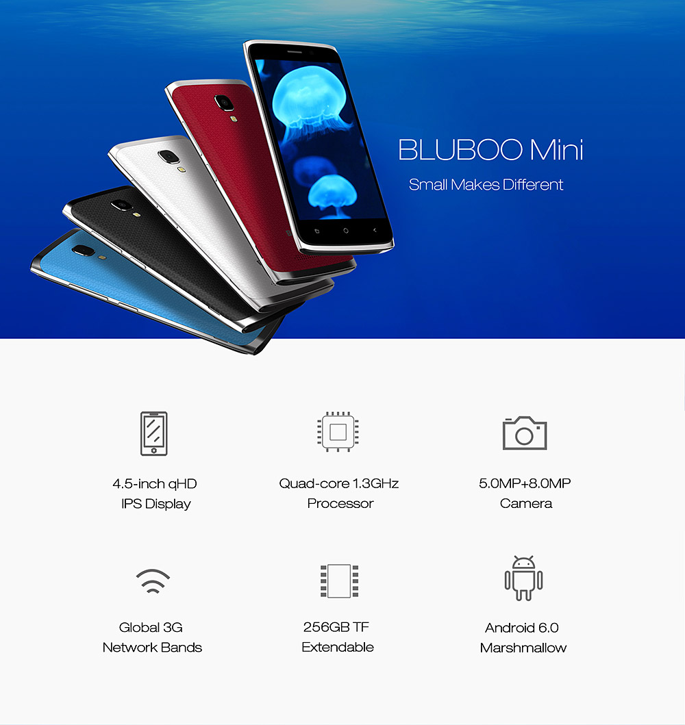 [HK Stock]Bluboo Mini 4.5inch IPS QHD Android 6.0 3G Smartphone MT6580 Quad Core 1.3GHz 1GB RAM 8GB ROM 5.0MP 8.0MP WIFI Bluetooth - Blue