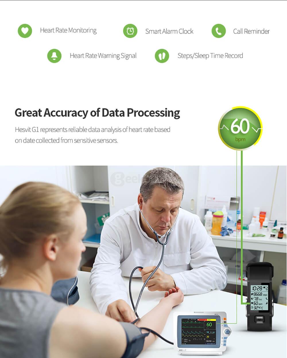 Hesvit G1 Bluetooth 4.0 Smart Bracelet Heart Rate Monitor Skin Temperature Measurement Automatic Activity Tracker for Andriod iOS - Black