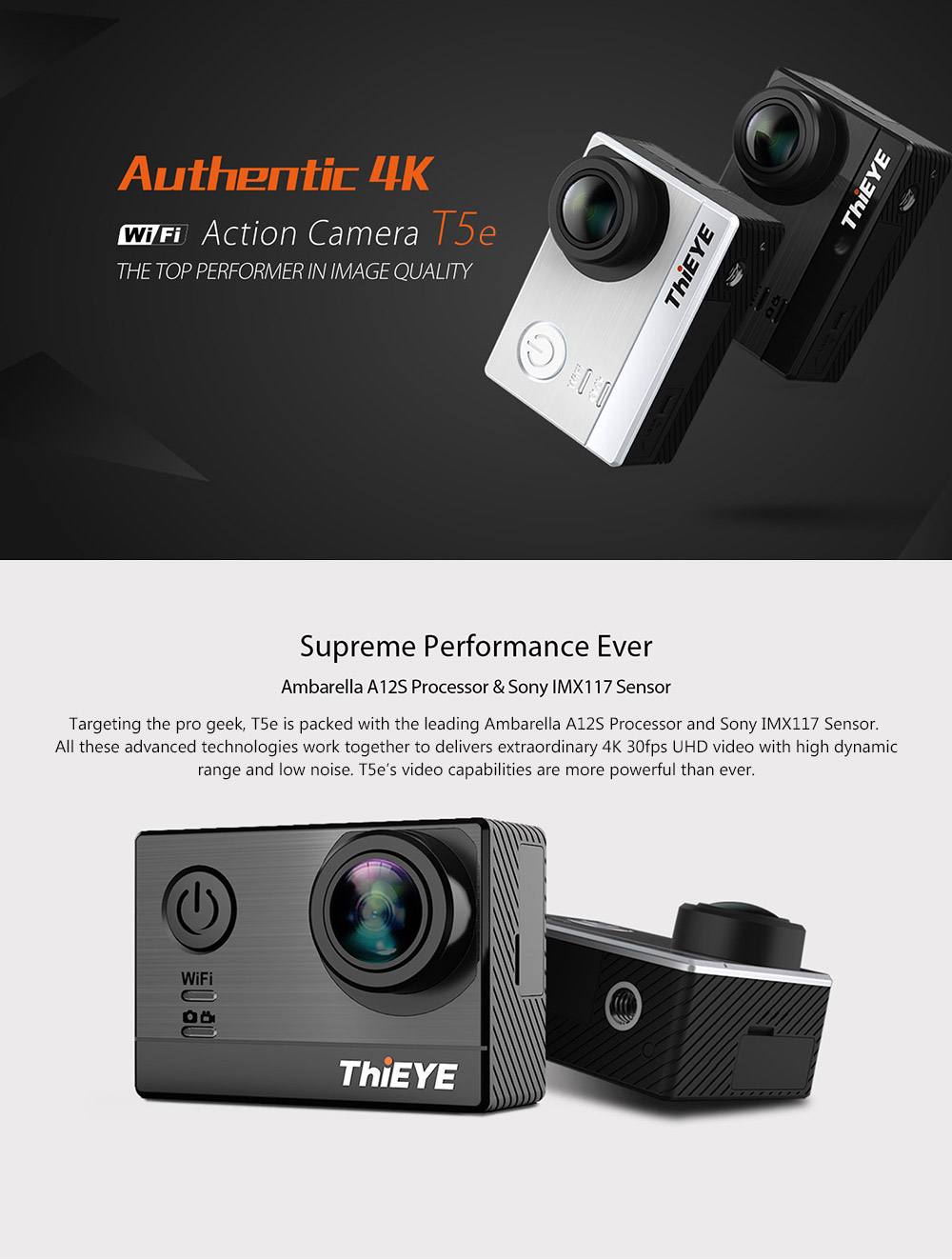 Original Thieye T5e WiFi 4K Action Camera Ambarella A12LS75 Sony IMX117 2.0