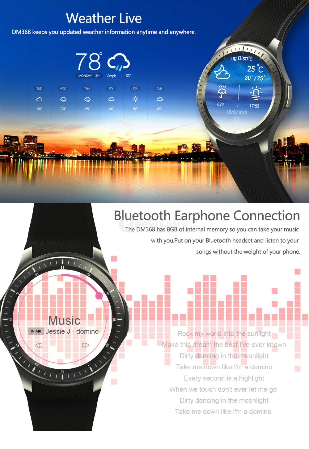 Makibes DM368 Bluetooth 4.0 3G Smart Watch Phone Android 5.1 MTK6580 Quad Core 1.3GHz 512MB/8GB WiFi GPS Heart Rate Monitor - Black