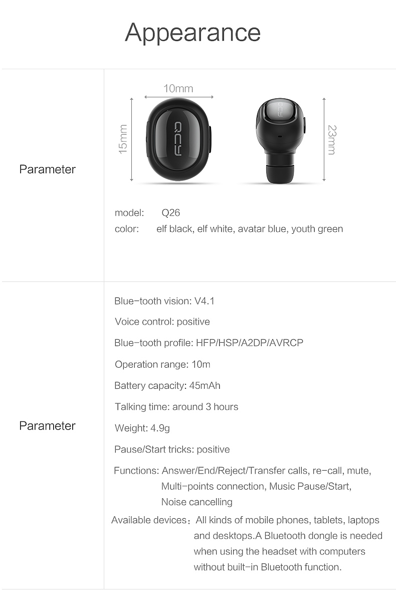 QCY Q26 Mini Wireless In-ear Bluetooth 4.1 Earphone Handsfree Stereo Music Sport Driving Earbud With Microphone - Blue