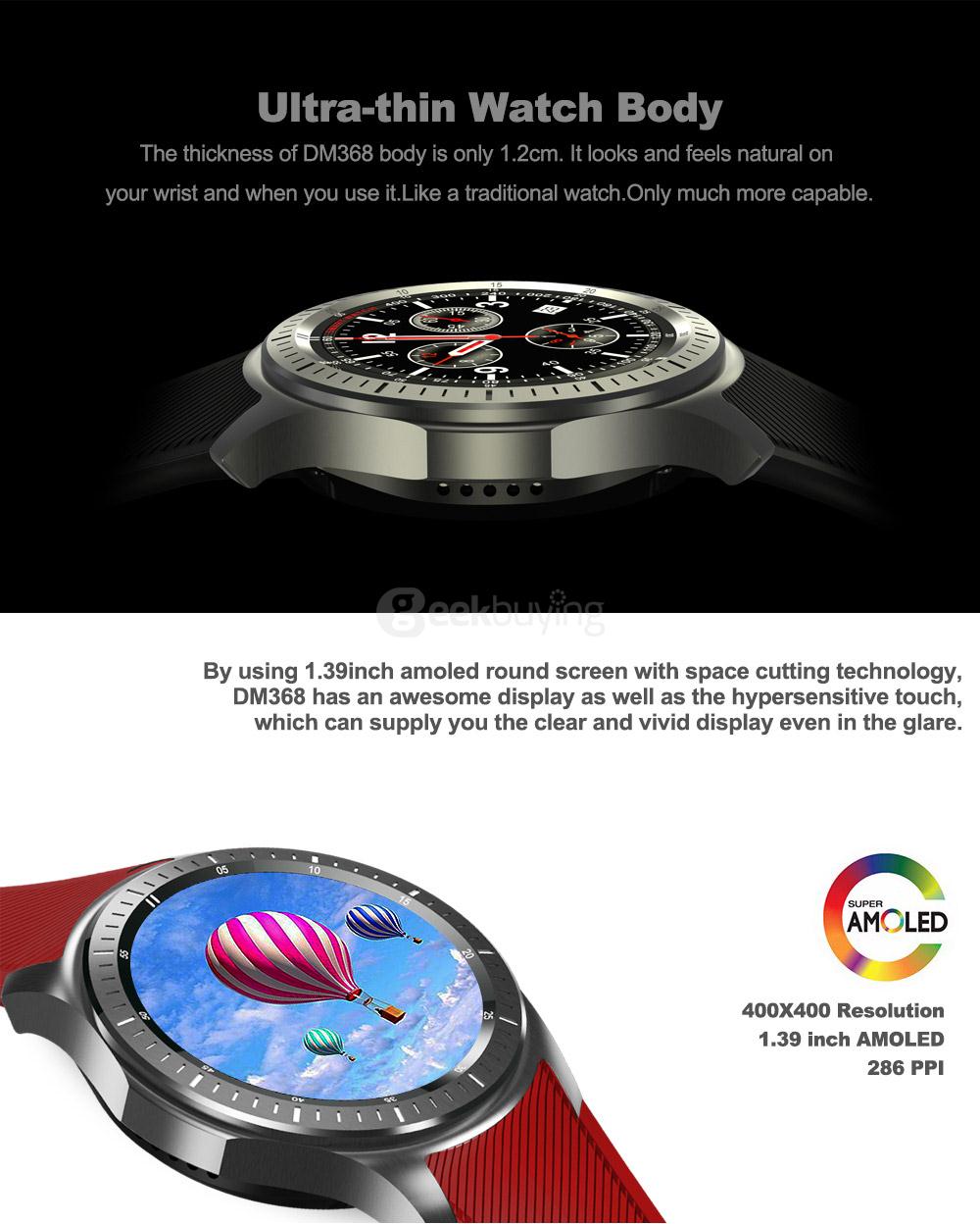 Makibes DM368 Bluetooth 4.0 3G Smart Watch Phone Android 5.1 MTK6580 Quad Core 1.3GHz 512MB/8GB WiFi GPS Heart Rate Monitor - Black