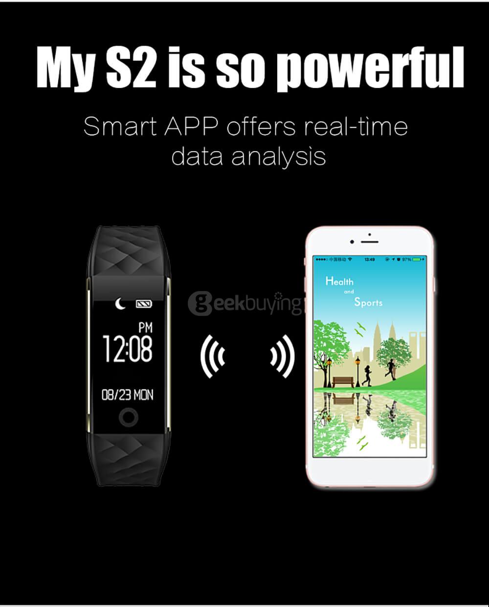 Makibes S2 Bluetooth 4.0 Smart Bracelet Heart Rate Monitor Multi-sport Tracker GPS Movement Information Push IP67 Waterproof For Android iOS - Black