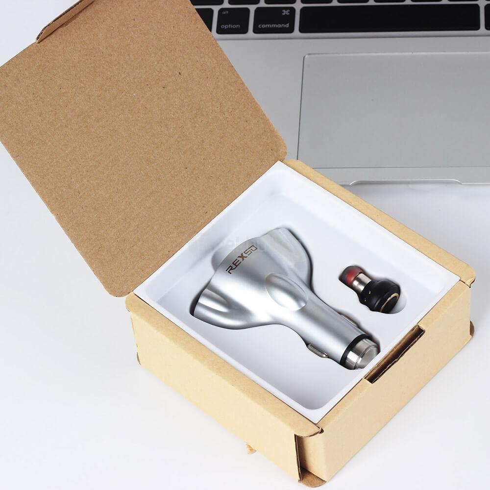 REXSO R20 Intelligent Car Charger Dual USB Ports With Bluetooth 4.1 Earphone Saft Hammer - Silver White