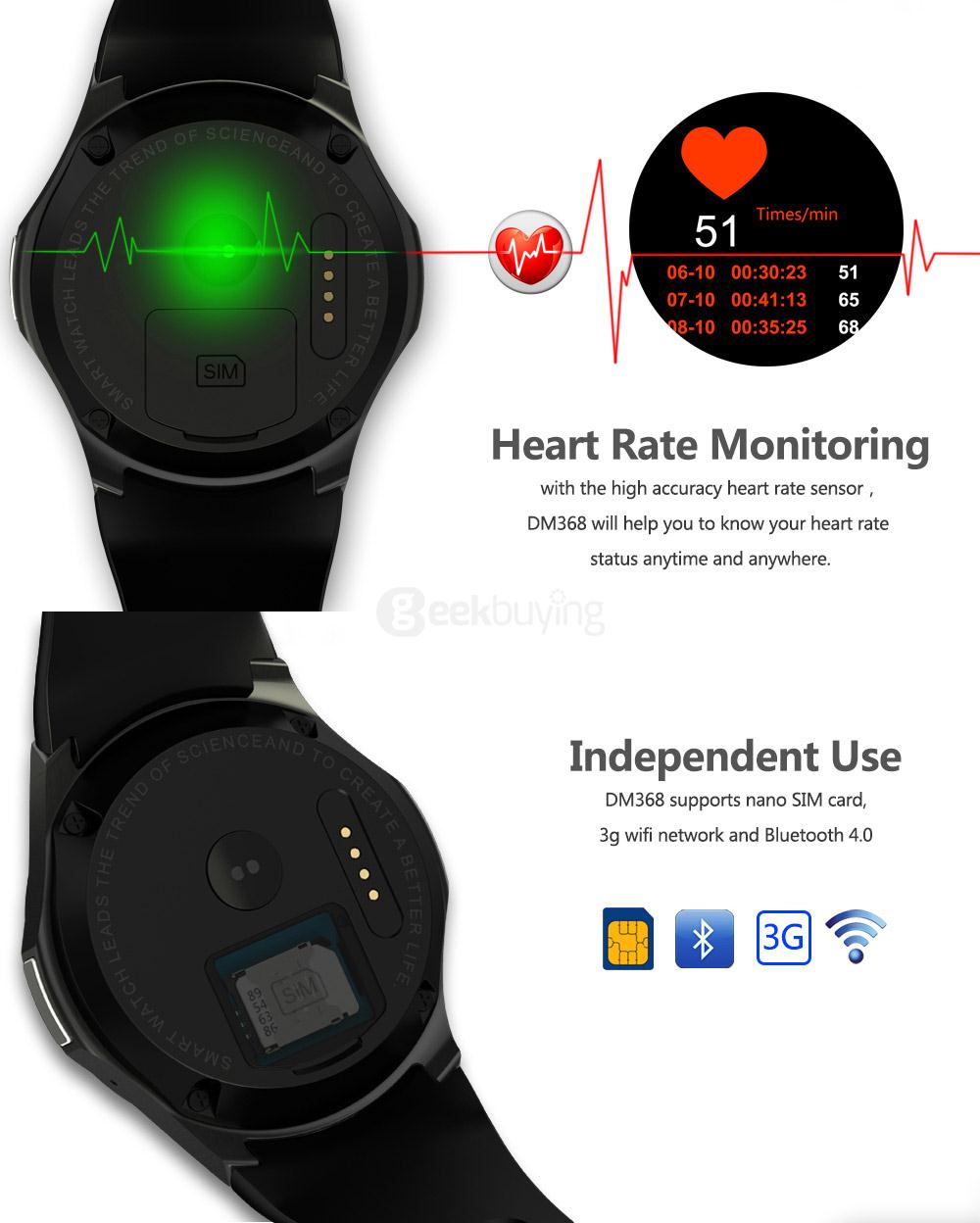 Makibes DM368 Bluetooth 4.0 3G Smart Watch Phone Android 5.1 MTK6580 Quad Core 1.3GHz 512MB/8GB WiFi GPS Heart Rate Monitor - Black