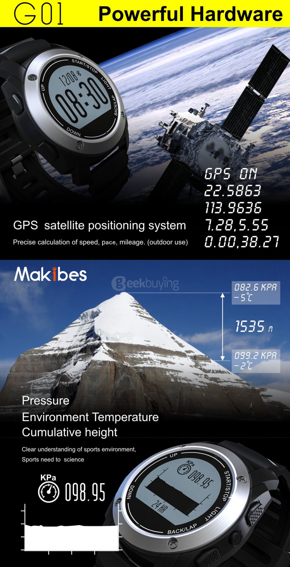 Makibes G01 Smart Sport Watch Heart Rate Monitor Pressure/Temperature/Height Measurement Outdoor GPS Training Mode Activity Tracker - Black/Orange